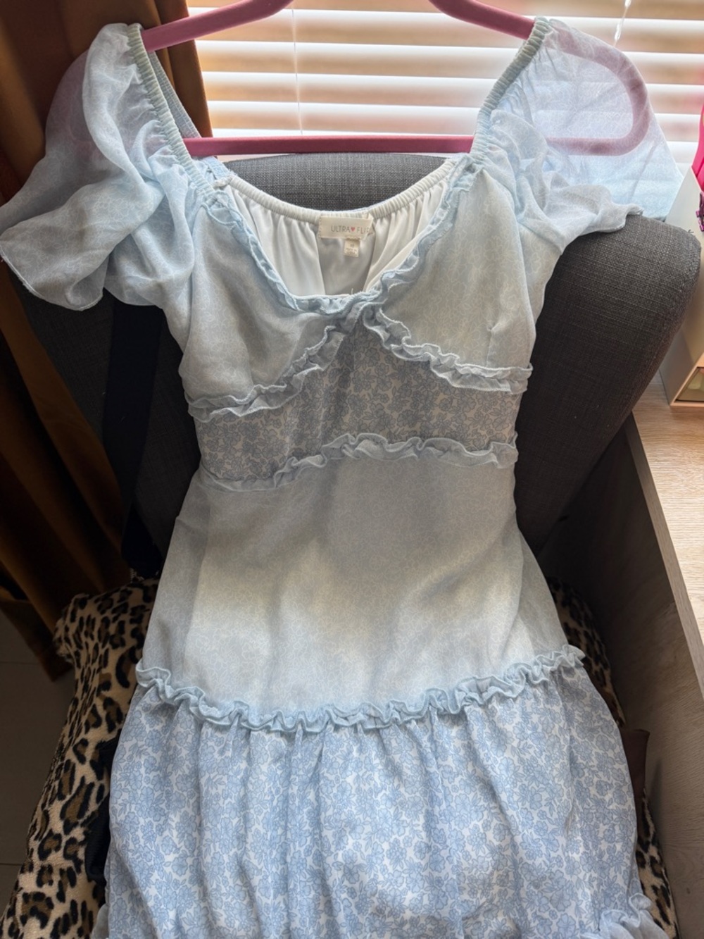 Ultra Flirt Light Blue Ruffle Lace Midi Dress